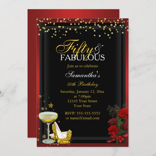 金ゴールド&レッド50と素晴らしい誕生日招待状 招待状 (正面/裏面)