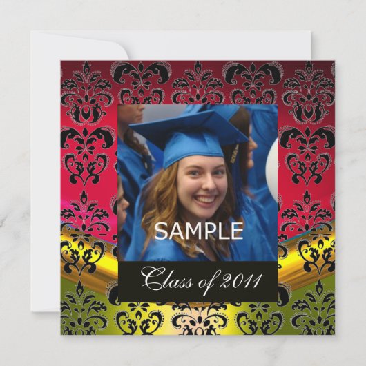 金ゴールド，レッド，ブラックダマスク卒業モノグラム 案内状 (正面)