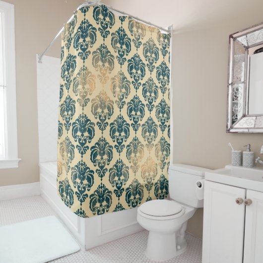 金ゴールド&ヴィンテージブルー素朴グモダンラムダマスク シャワーカーテン (インサイチュ)