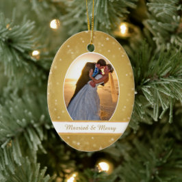 金ゴールド《写真》ぼけ味スターフレーム初めてのクリスマス結婚ズ セラミックオーナメント