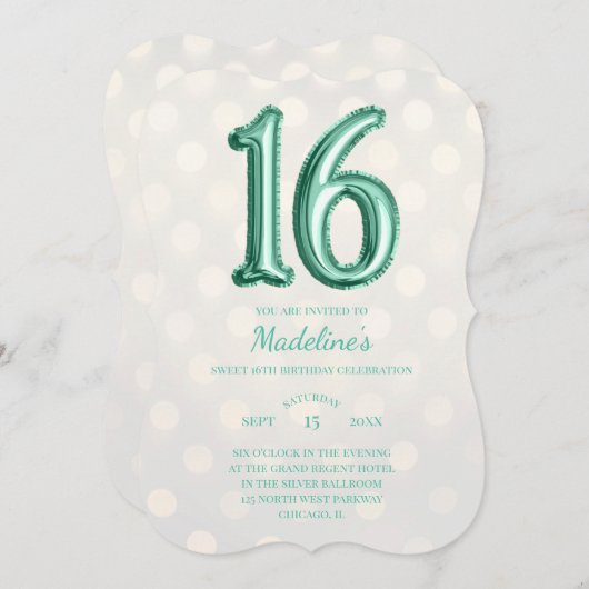 金ゴールド《写真》ぼけ味ミントグリーンフェイクフォイル16誕生日 招待状 (正面/裏面)