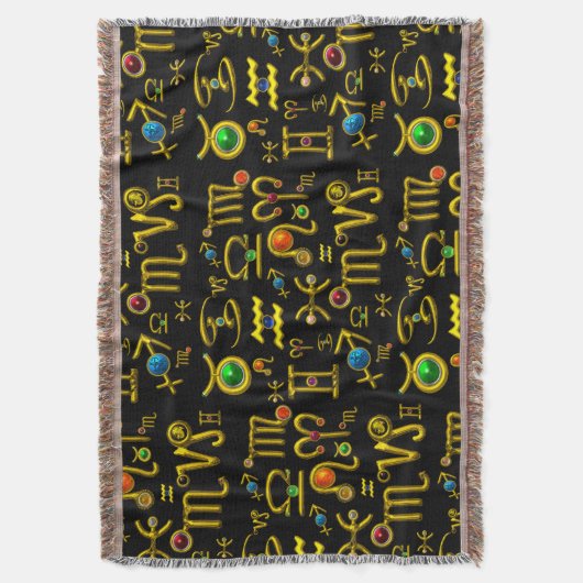 金ゴールド〔占星術の〕十二宮図サイン宝石、宝石、占星術 スローブランケット (正面縦)