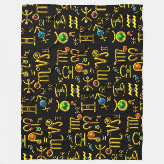 金ゴールド〔占星術の〕十二宮図サイン宝石、宝石、占星術 フリースブランケット (正面)