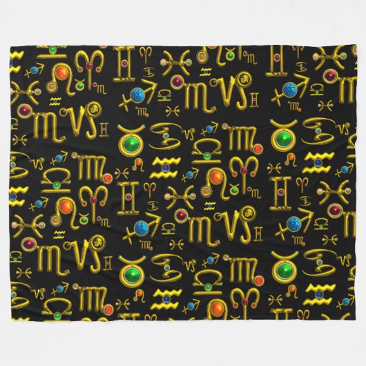 金ゴールド〔占星術の〕十二宮図サイン宝石、宝石、占星術 フリースブランケット (正面(横))