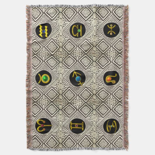 金ゴールド〔占星術の〕十二宮図誕生日宝石、宝石、星占い スローブランケット (正面縦)