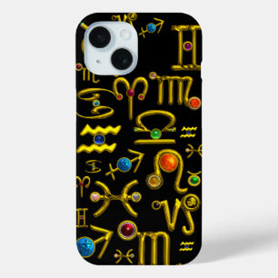 金ゴールド〔占星術の〕十二宮図誕生日宝石、宝石、星占い iPhone 15ケース
