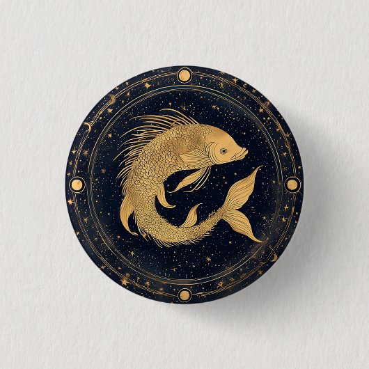 金ゴールド〔占星術の〕十二宮図魚座イラストレーション 缶バッジ (正面)