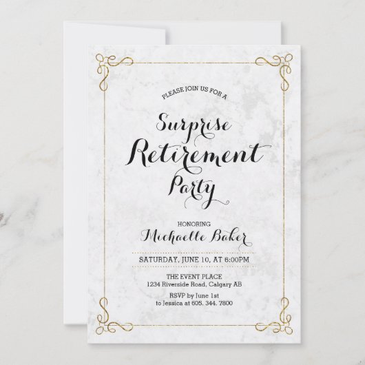 金ゴールド&大理石 |サプライズエレガントリタイアパーティー 招待状 (正面)