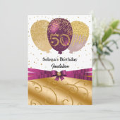 金ゴールド、明るい赤紫色バルーン&シルクリボン50誕生日 招待状 (スタンド正面)