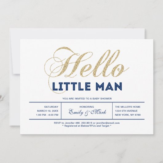 金ゴールド、海軍 |タイポグラフィモダンボーイ赤ちゃんシャワー 招待状 (正面)