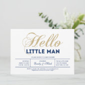 金ゴールド、海軍 |タイポグラフィモダンボーイ赤ちゃんシャワー 招待状 (スタンド正面)