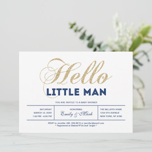 金ゴールド、海軍 |タイポグラフィモダンボーイ赤ちゃんシャワー 招待状 (スタンド正面)
