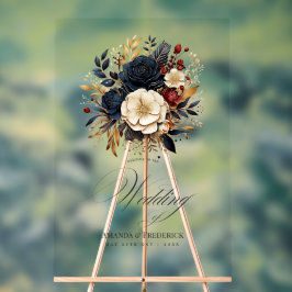 金ゴールド、海軍、ブルゴーニュフローラの結婚歓迎 アクリルサイン