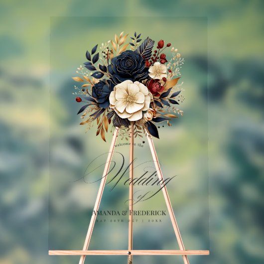 金ゴールド、海軍、ブルゴーニュフローラの結婚歓迎 アクリルサイン (ニュートラル)