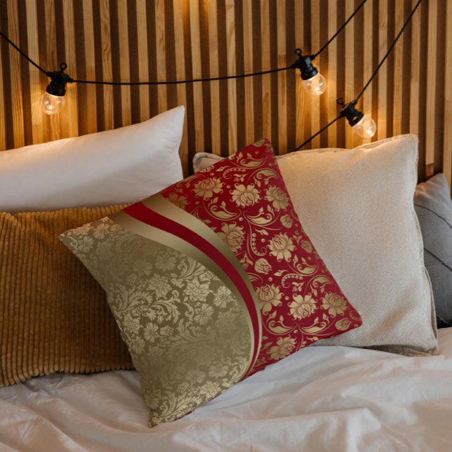 金ゴールド&深いレッドフローラダマスクモダンデザイン アウトドアクッション (クリエイターアップロード済み)
