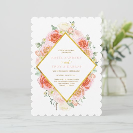 金ゴールド、珊瑚、モモおよびピンクの結婚式招待状 招待状 (スタンド正面)