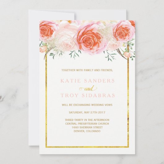 金ゴールド、珊瑚、モモおよびピンクの結婚式招待状 招待状 (正面)