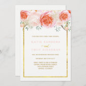 金ゴールド、珊瑚、モモおよびピンクの結婚式招待状 招待状 (正面/裏面)