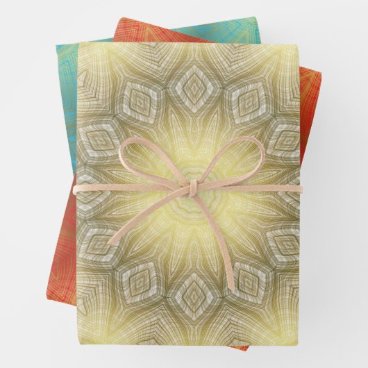 金ゴールド(白い青または赤の万華鏡のように千変万化するパターン) ラッピングペーパーシート (インサイチュ)