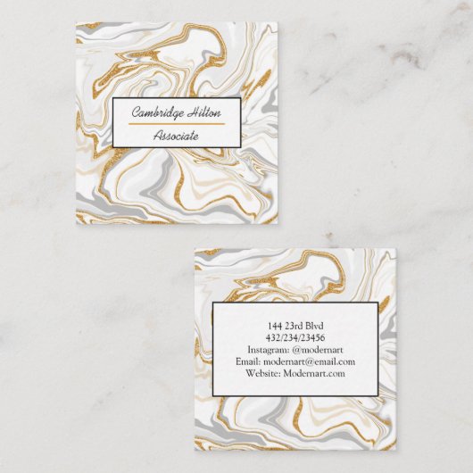 金ゴールド、白と灰色の大理石の渦巻き スクエア名刺 (正面/裏面)