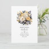 金ゴールド、白黒フローラ冬の結婚式 招待状 (スタンド正面)