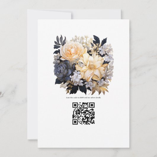 金ゴールド、白黒フローラ冬の結婚式 招待状 (裏面)