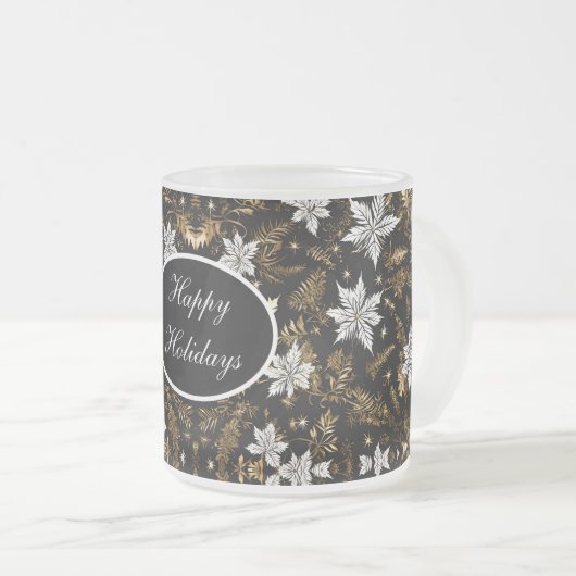 金ゴールド,白黒ポインセティハッピーホリデー フロストグラスマグカップ (正面右)