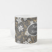 金ゴールド,白黒ポインセティハッピーホリデー フロストグラスマグカップ (正面左)