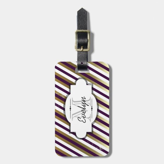 金ゴールド、白、紫色のストライプの微光の荷物のラベル ラゲッジタグ (正面縦)