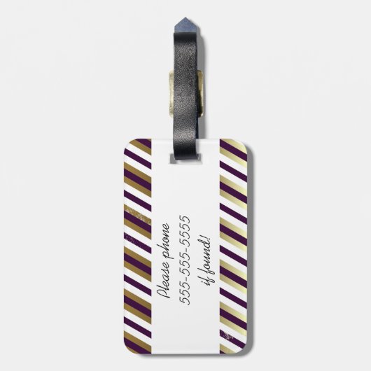 金ゴールド、白、紫色のストライプの微光の荷物のラベル ラゲッジタグ (裏面縦)