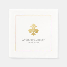 金ゴールド（紋章の）フラ・ダ・リパーソナライズされた結婚ダマスク スタンダードカクテルナプキン