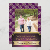 金ゴールド、紫のスノーフレークとフレームのクリスマスグローン シーズンカード (正面/裏面)