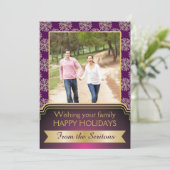 金ゴールド、紫のスノーフレークとフレームのクリスマスグローン シーズンカード (スタンド正面)