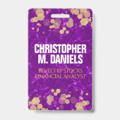 金ゴールド – 紫のID大理石の上の夕焼け紙吹雪 バッジ (正面)