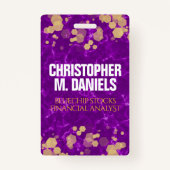 金ゴールド – 紫のID大理石の上の夕焼け紙吹雪 バッジ (正面)