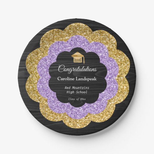 金ゴールド&紫グリッター花卒業式の日 ペーパープレート (正面)