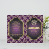 金ゴールド、紫色のスノーフレーク折り畳みウェディングプログラム (スタンド正面)