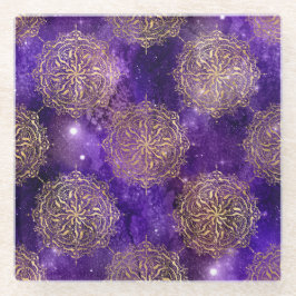 金ゴールド&紫銀河系法曼荼羅のパターン ガラスコースター