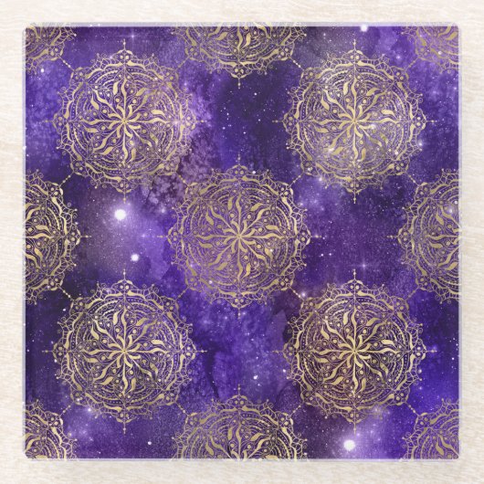 金ゴールド&紫銀河系法曼荼羅のパターン ガラスコースター (正面)