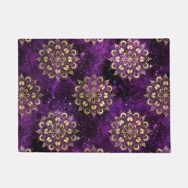 金ゴールド&紫銀河系法曼荼羅のパターン ドアマット (正面)