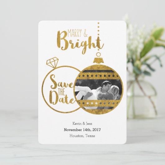 金ゴールド、結婚と明るいクリスマスの日付を保存 セーブザデート (スタンド正面)