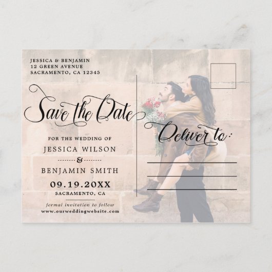 金ゴールド·絵を描書道の写真の結婚式が日付を救う 案内ポストカード (裏面)