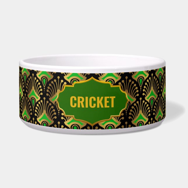 金ゴールド、緑および黒のアールデコパターン名前をカスタムする ボウル (正面)