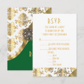 金ゴールド、緑と白のダマスク結婚式R.S.V.P 出欠カード (正面/裏面)