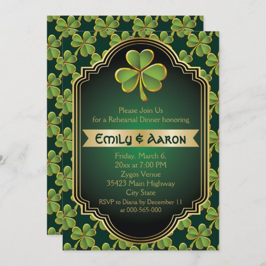 金ゴールド、緑のアイリッシュ結婚クローバーのリハーサル 招待状 (正面/裏面)
