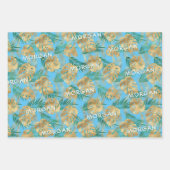 金ゴールド/緑の熱帯葉名前をカスタムする、3色 ラッピングペーパーシート (正面)