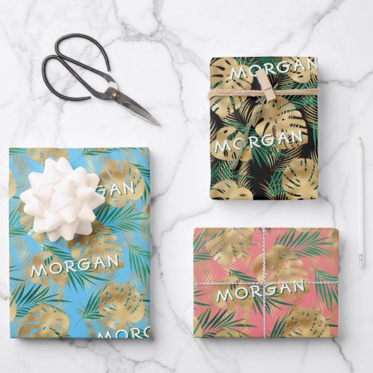 金ゴールド/緑の熱帯葉名前をカスタムする、3色 ラッピングペーパーシート (正面)