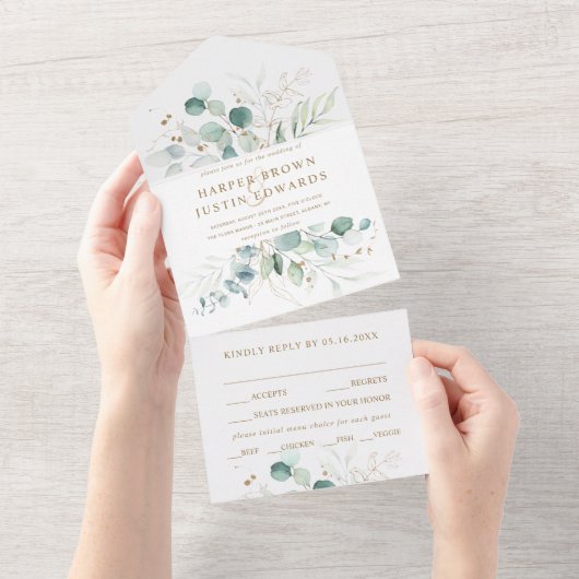 金ゴールド・緑色植物学結婚院 オールインワン招待状 (貼ってはがせる)