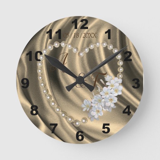 金ゴールド,緑,アイボリー,青,シルク&パール ラウンド壁時計 (正面)