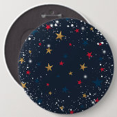 金ゴールド、赤い星、青の雪片。フェスティバル 缶バッジ (正面&裏面)